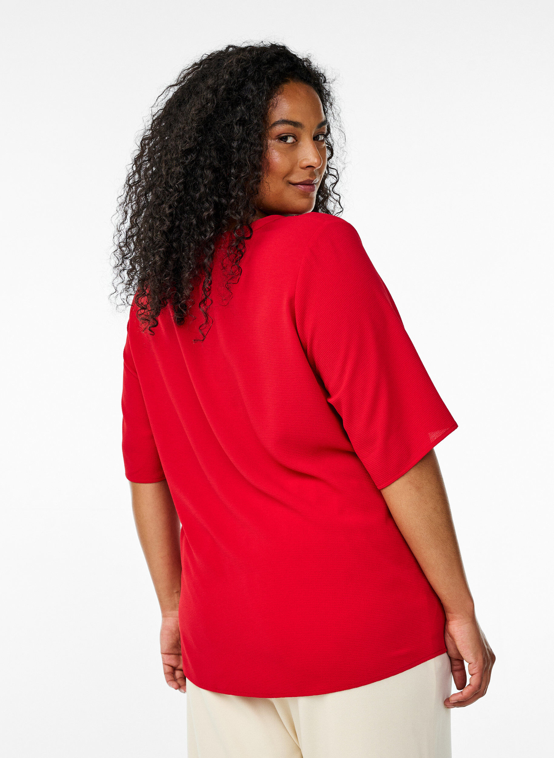 Zizzifashion Short-sleeved blouse with V-neck, Red, Model image number 2