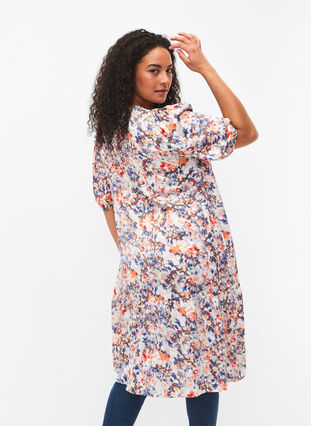 Printed dress with puff sleeves, B. White graphic AOP, Model image number 1