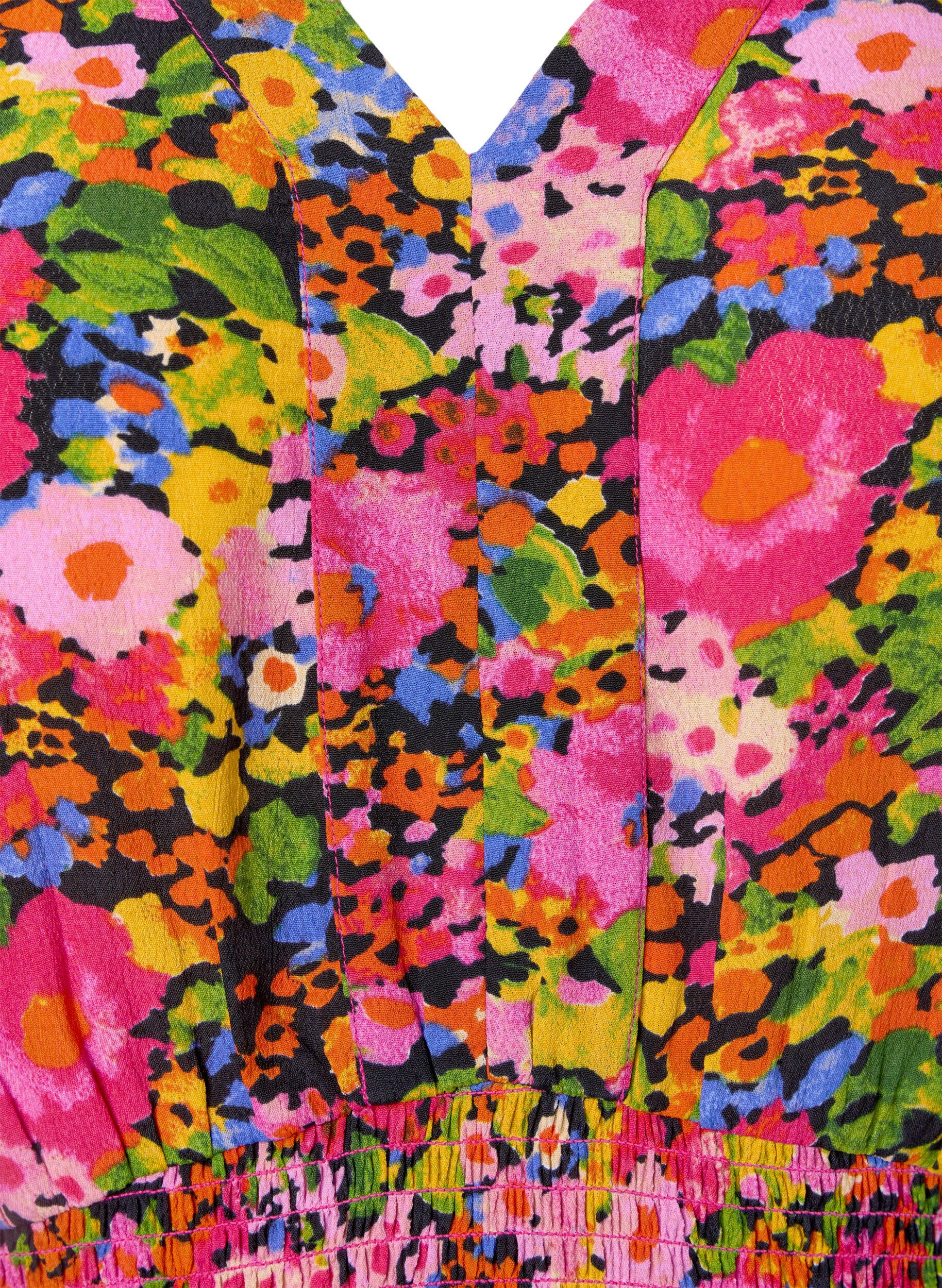 Zizzifashion Viscose top with floral print and smock, Neon Flower Print, Packshot image number 2