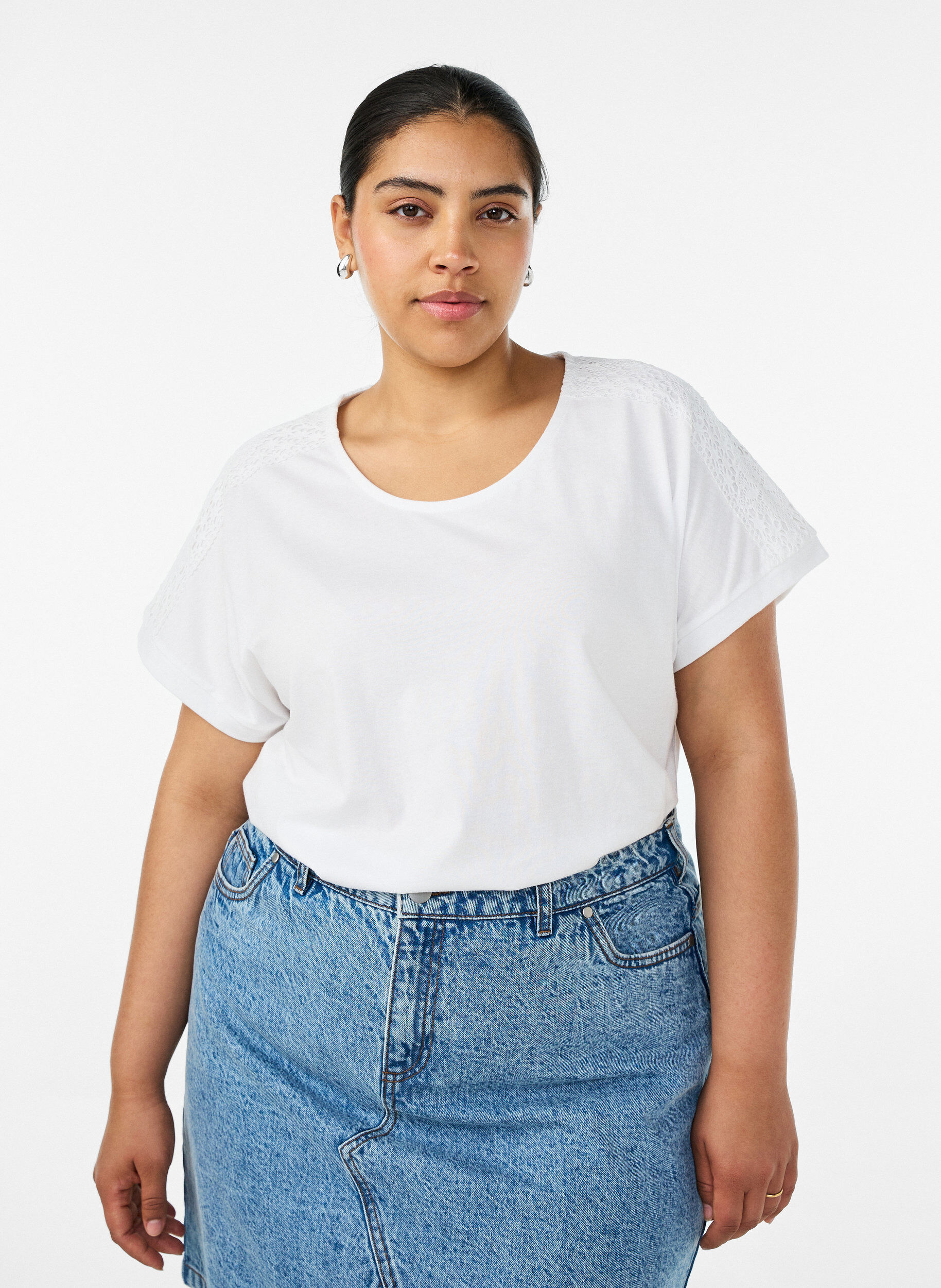 ZizzifashionCotton T-shirt with crochet detail, White, Model image number 0