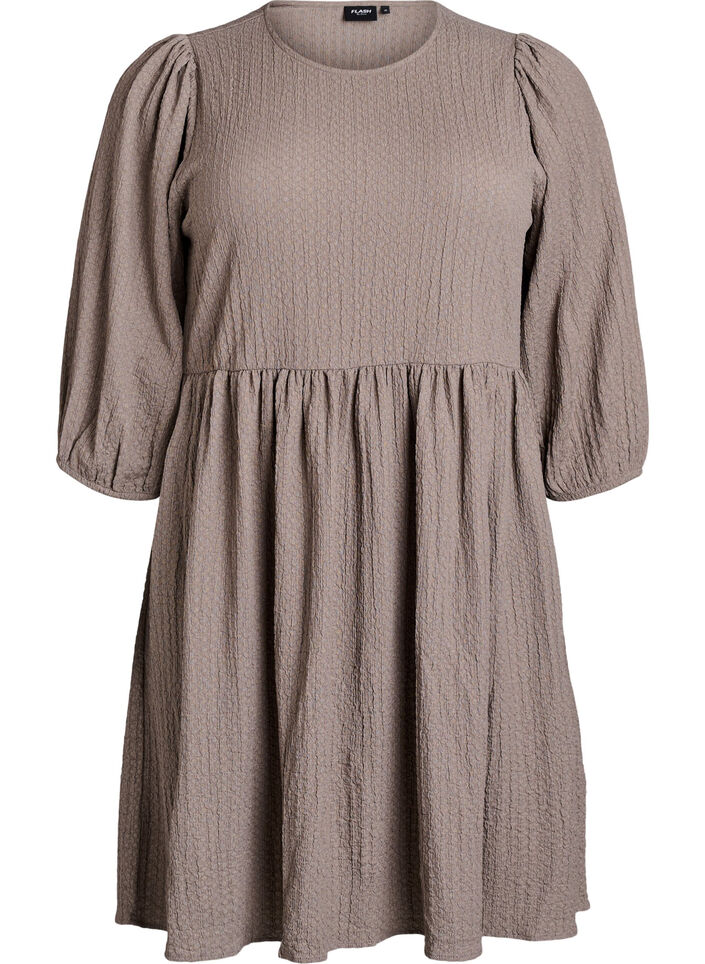 FLASH - Short dress with texture and 3/4 sleeves, Beige, Packshot image number 0