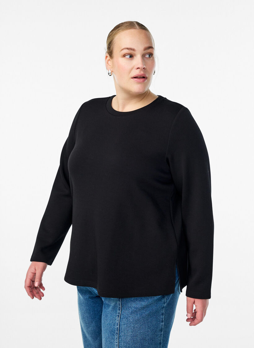 Jersey blouse with round neck, Black, Model image number 0