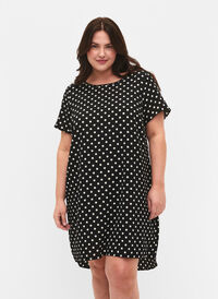 Dress with short sleeves, Black w. Dots, Model