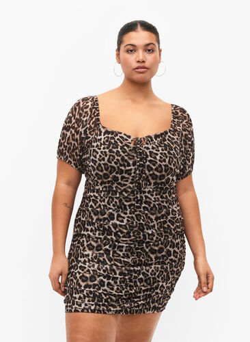 Short mesh dress with leopard print, Leo, Model image number 0