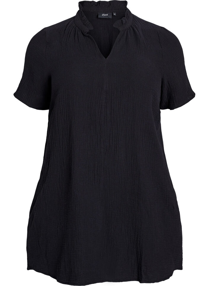 Cotton muslin tunic with short sleeves, Black, Packshot image number 0