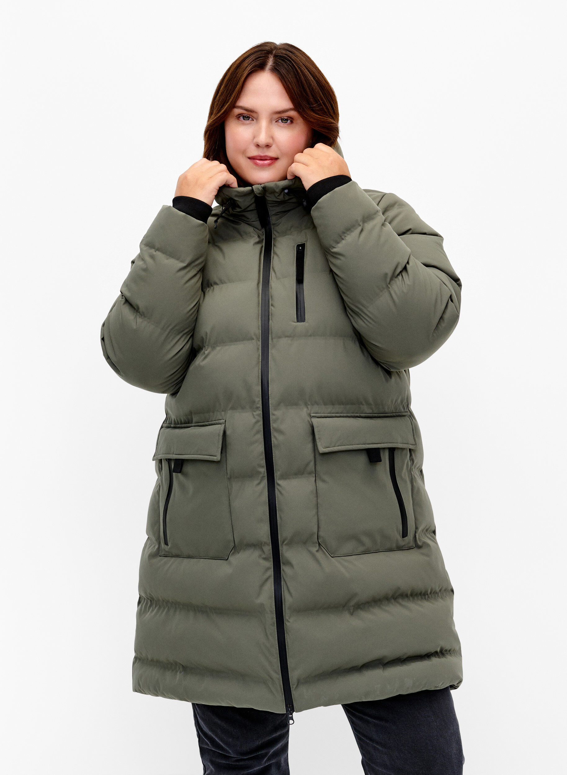 Puffer coat with hood and pockets, Green, Model