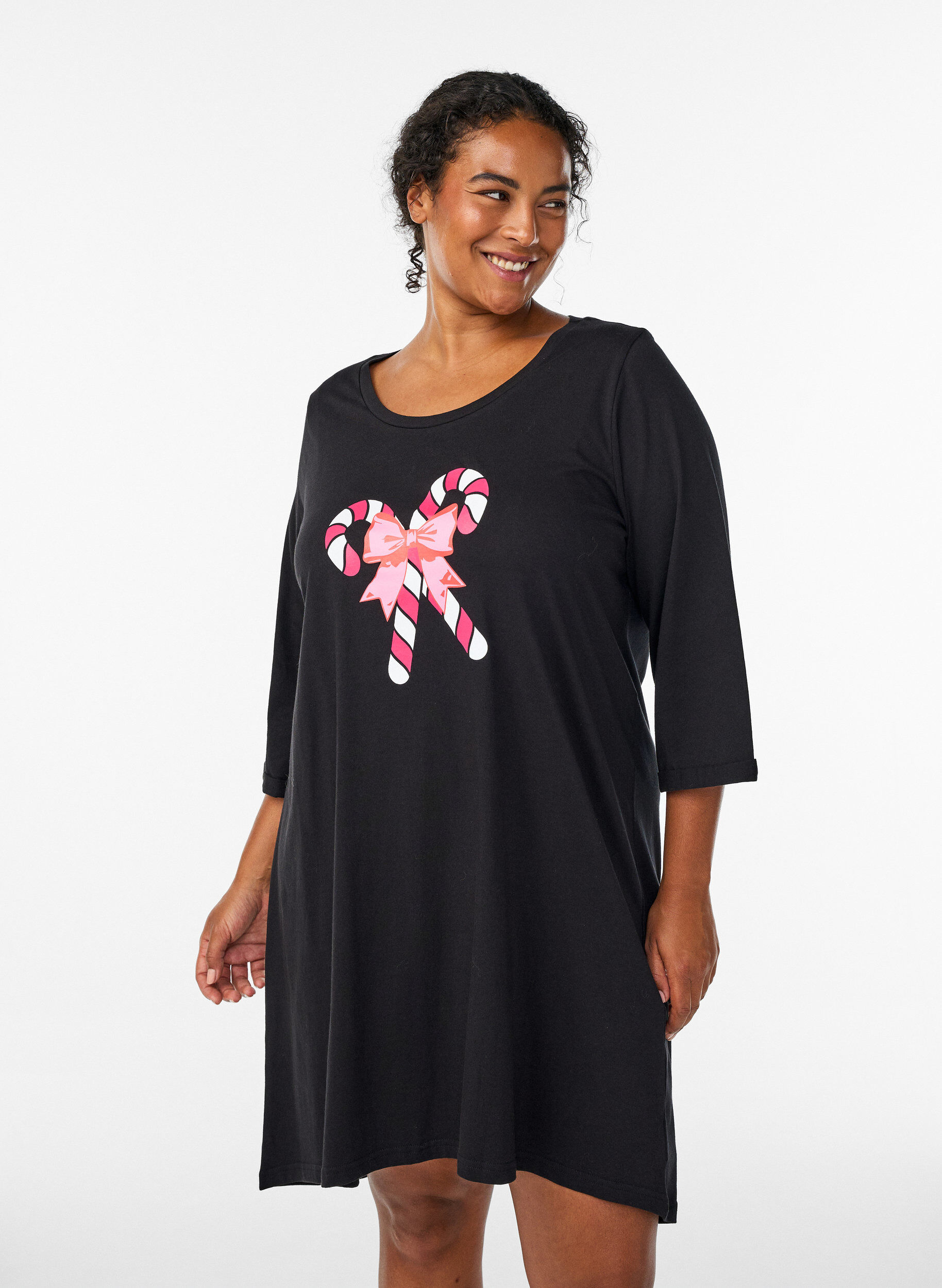 ZizzifashionNightdress in organic cotton with Christmas motif, Black, Model image number 0