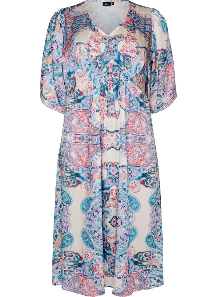 Midi dress with paisley print and satin-look, White, Packshot image number 0