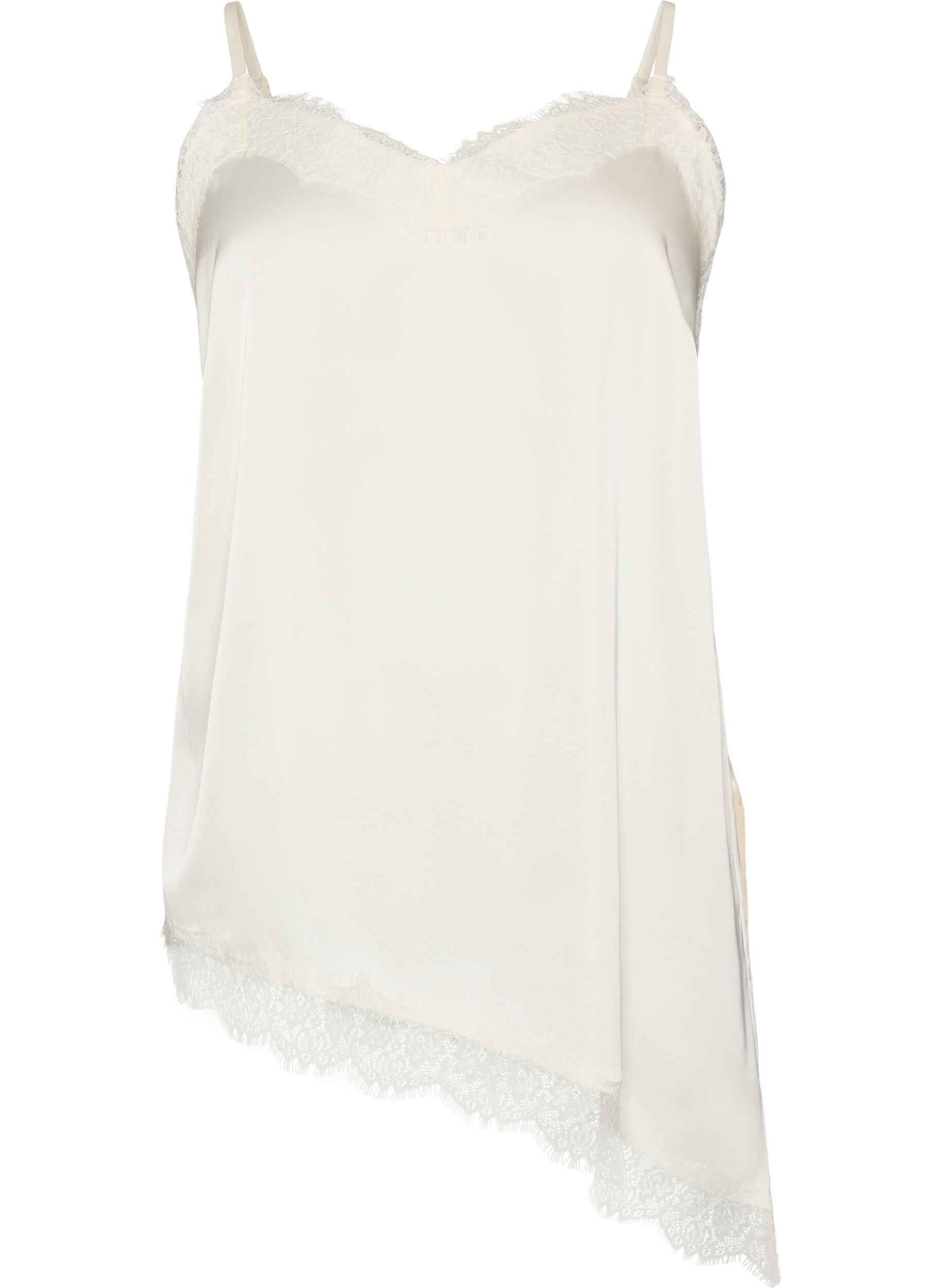 Strappy top with lace and an asymmetrical hem
