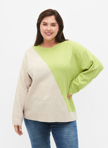 Knitted blouse with round neck and colorblock, Tender Shoots Comb, Model image number 0