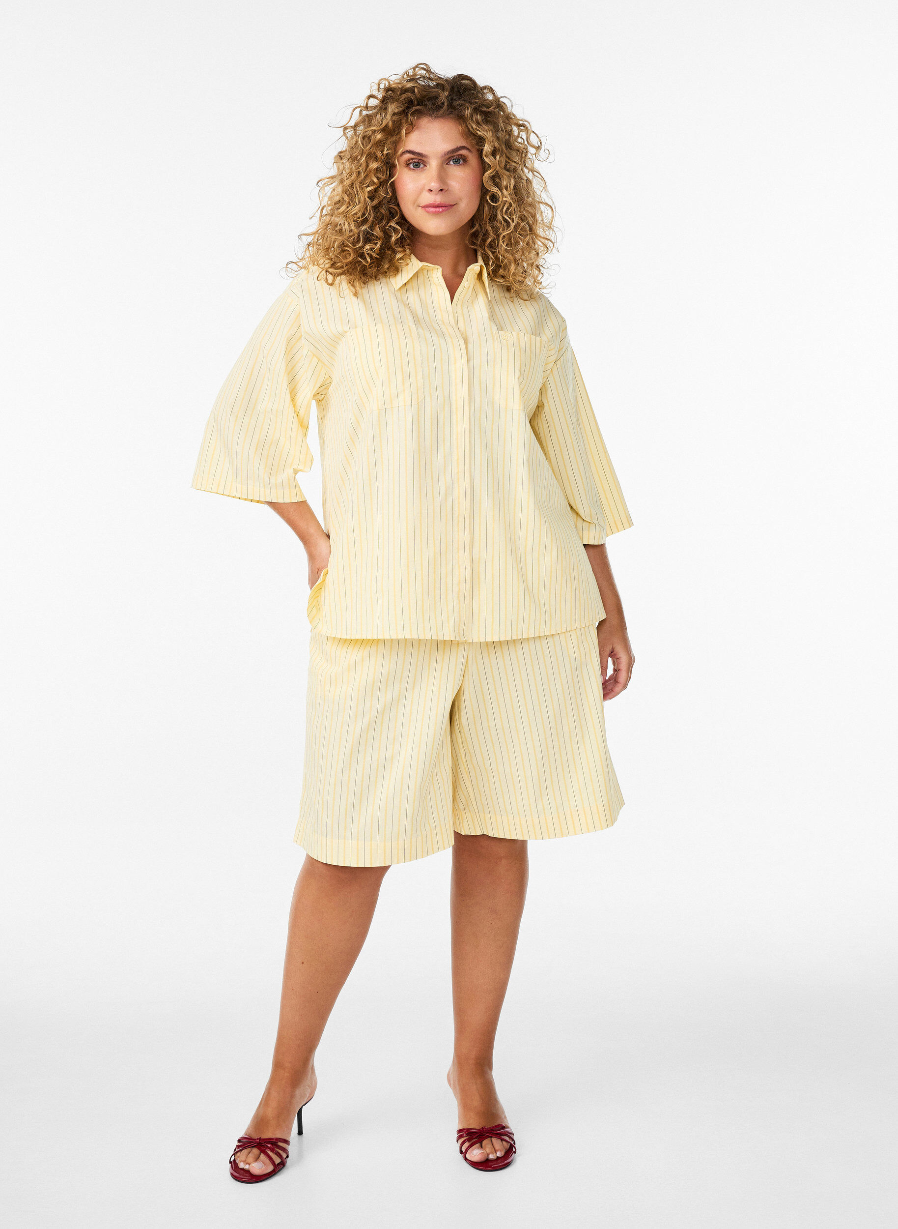 ZizzifashionStriped blouse in a loose fit, Yellow, Model image number 1
