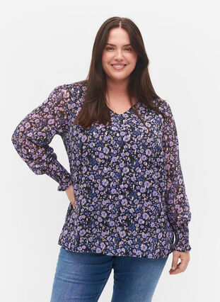 Floral blouse with long sleeves and v neck, Purple Ditzy Flower, Model image number 0
