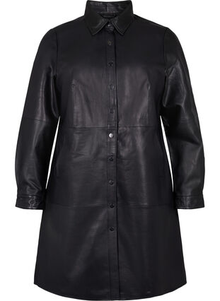 Leather dress with long sleeves and button fastening, Black, Packshot image number 0