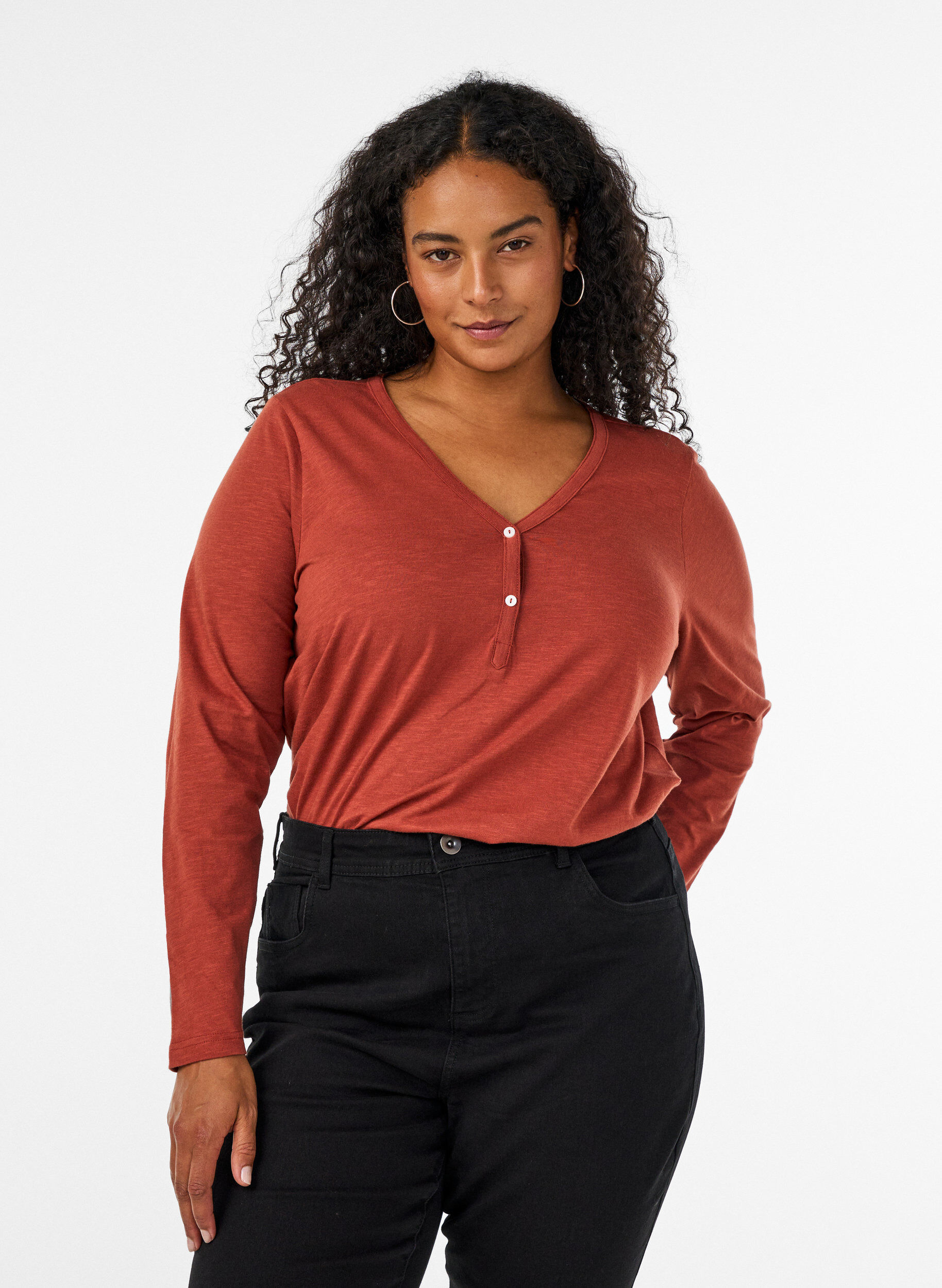 ZizzifashionLong-sleeved t-shirt with V-neck and buttons, Brown, Model image number 0