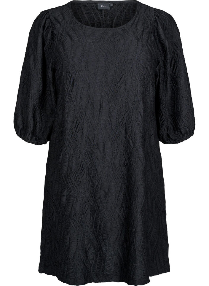 Short dress with texture and 3/4 sleeves, Black, Packshot image number 0