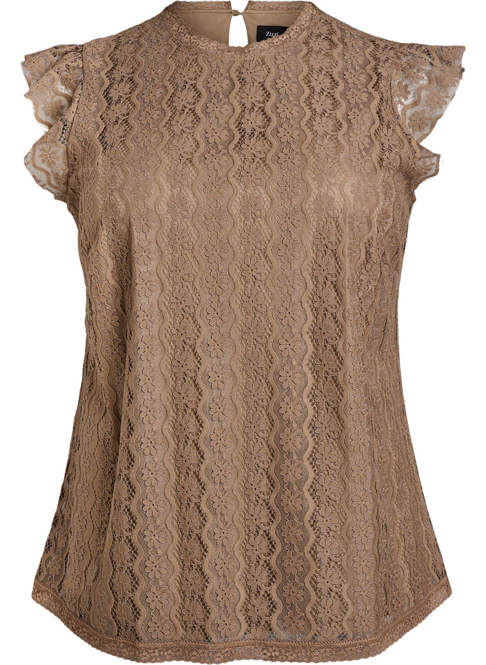 Lace top with ruffle details, Brown, Packshot image number 0