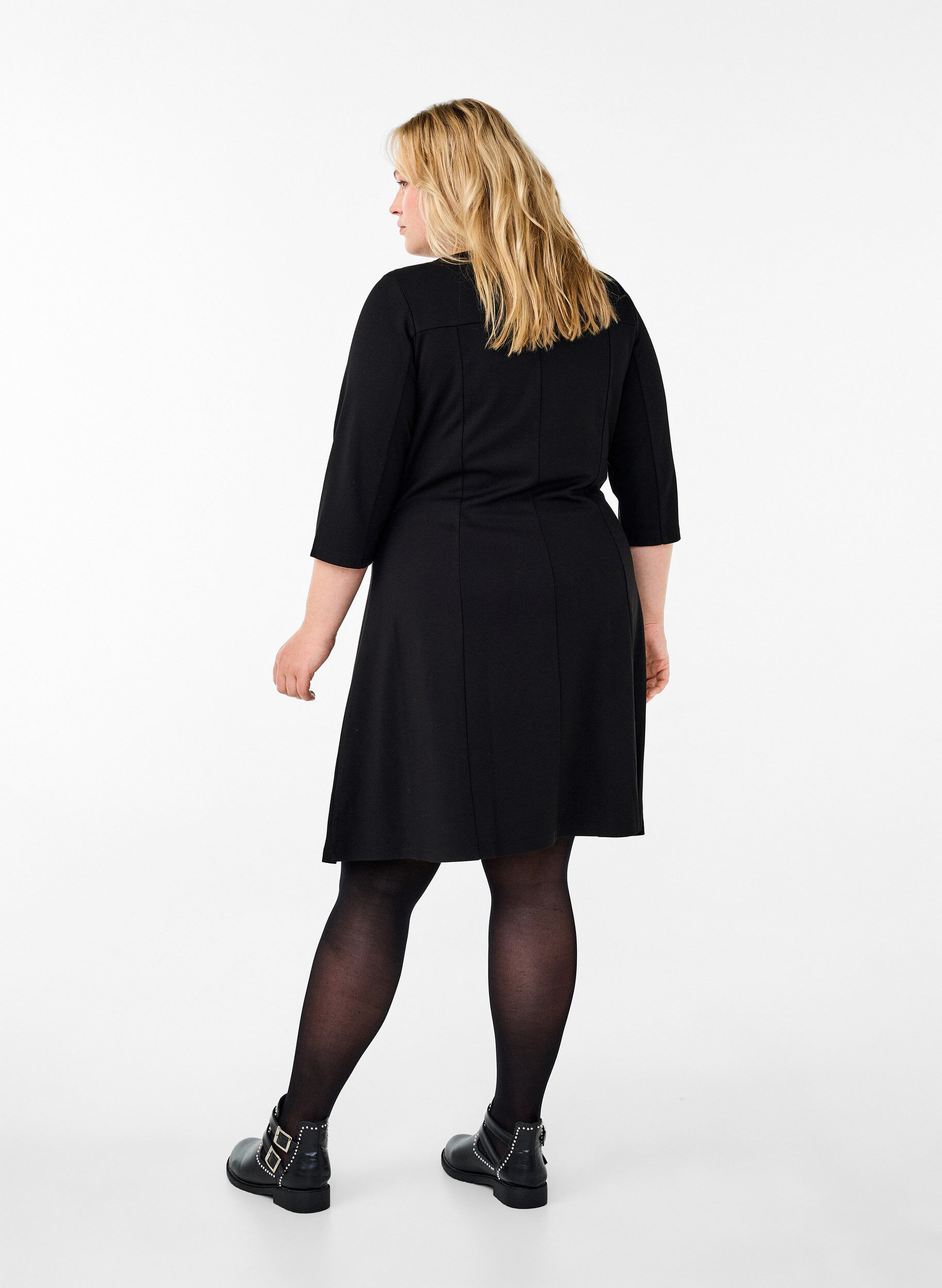 ZizzifashionA-shaped dress with 3/4 sleeves, Black, Model image number 2