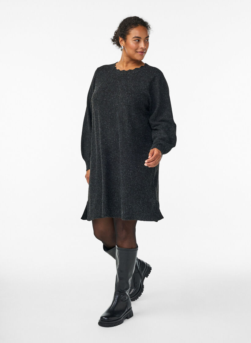 Short knitted dress with wavy hem and slits, Dark Grey, Model image number 0