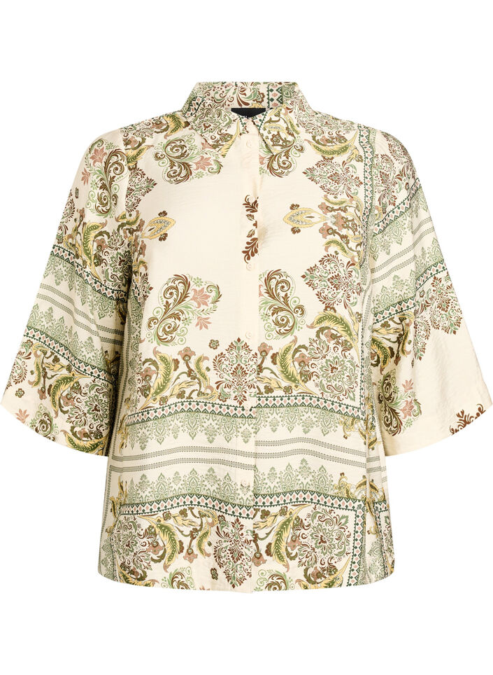 Patterned viscose blouse with 3/4 sleeves, Green, Packshot image number 0