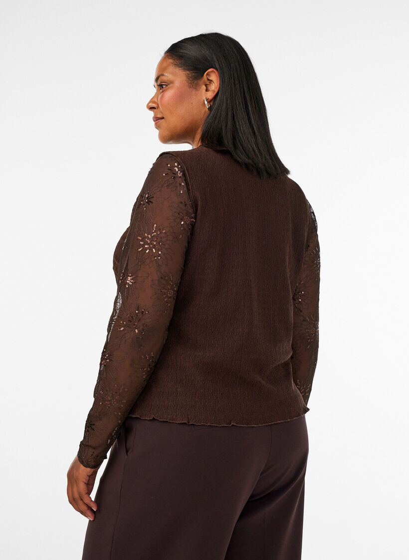 Mesh blouse with flowers and sequins, Brown, Model image number 2