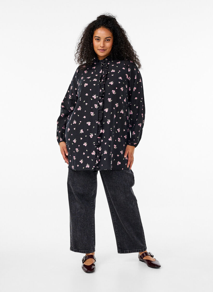 Floral tunic in lyocell, Black, Model image number 1