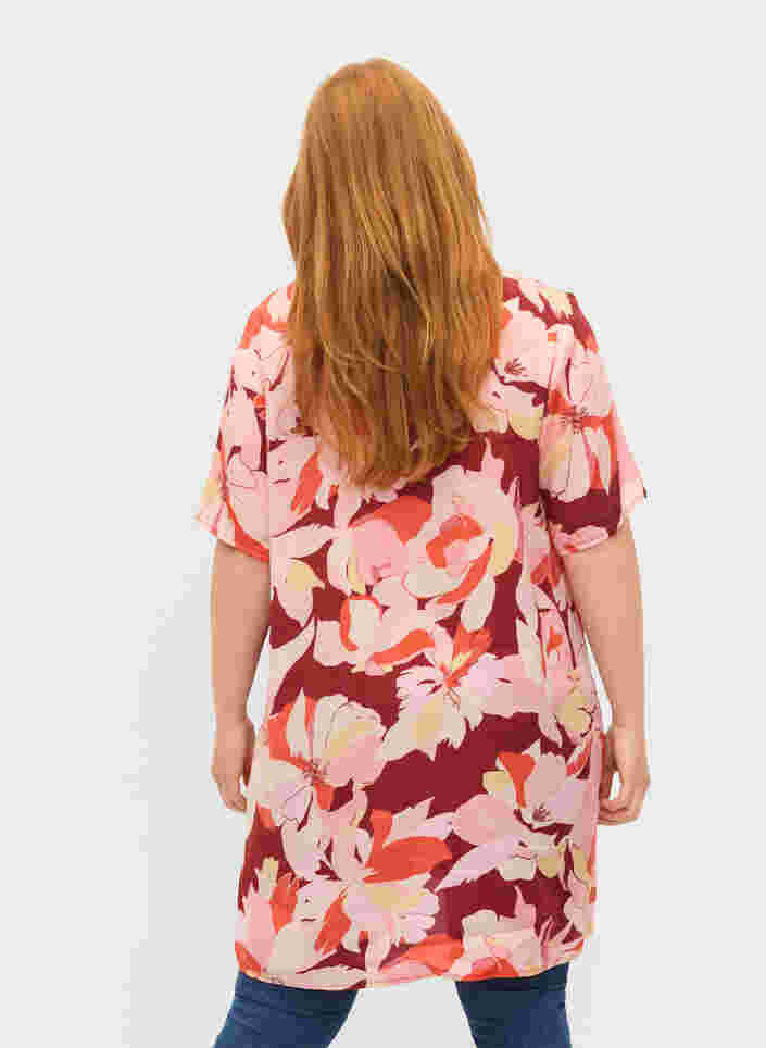 Floral viscose tunic with short sleeves, Bordeaux Flower AOP, Model