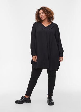 Viscose tunic with v-neckline and collar, Black, Model image number 2