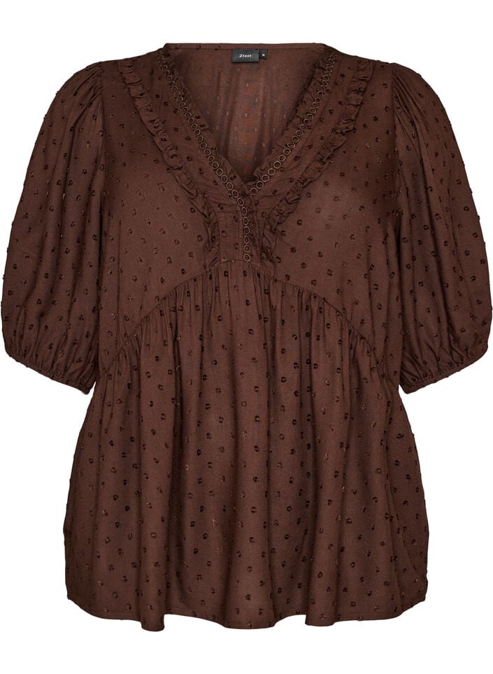 Viscose blouse with a dotted texture and V-neck, Brown, Packshot image number 0