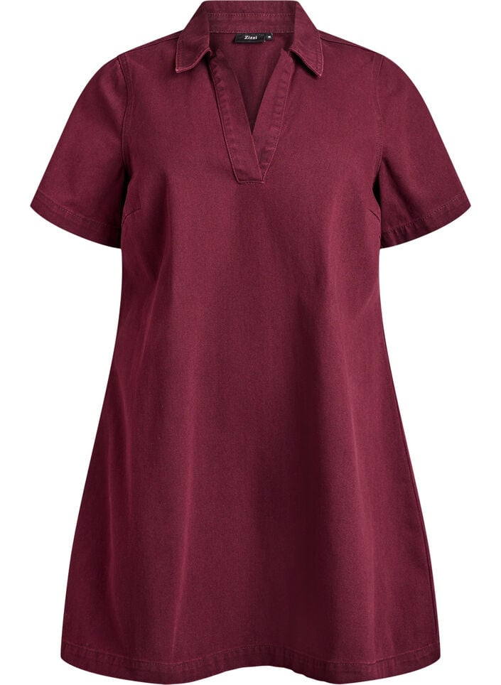 Short denim dress with collar and V-neck, Red, Packshot image number 0