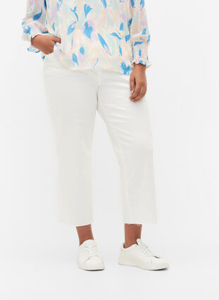 7/8 jeans with raw hems and high waist, White, Model image number 2
