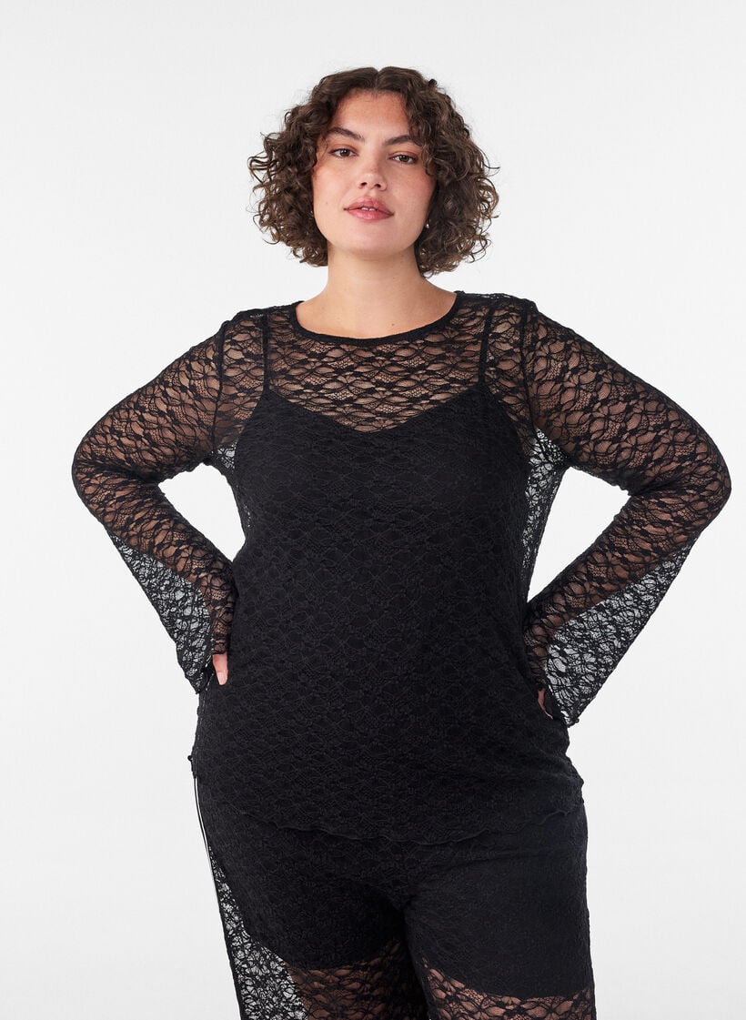 Sheer lace blouse with long sleeves, Black, Model image number 0