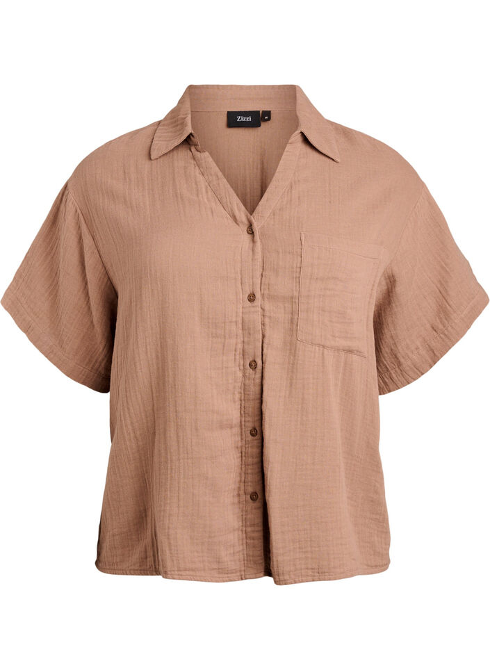 Cotton muslin blouse with short sleeves, Brown, Packshot image number 0
