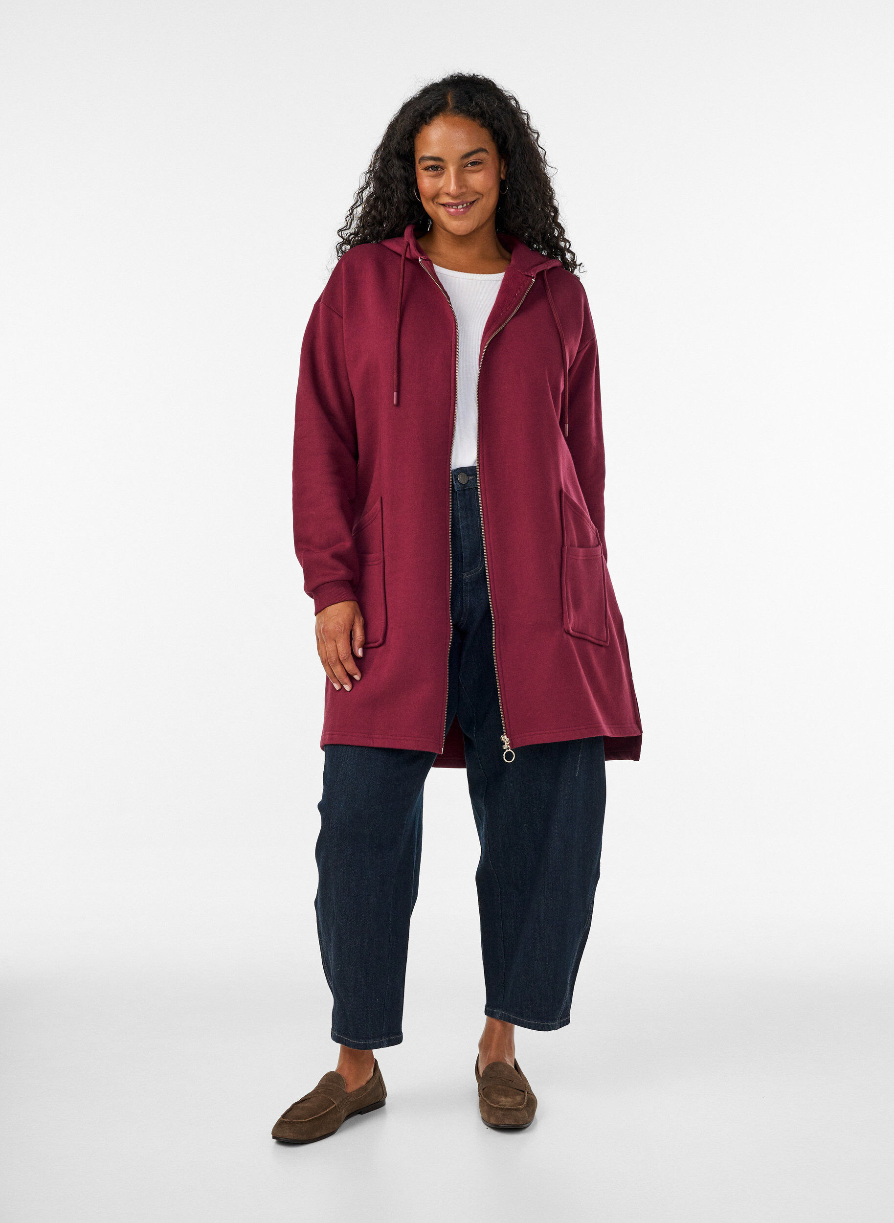ZizzifashionLong hooded cardigan with zipper, Red, Model image number 1