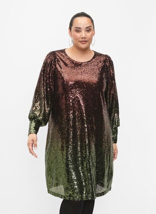 Sequin dress with balloon sleeves - Green - Sz. 40-64 - Zizzifashion Sequin dress with balloon sleeves - Green - Sz. 40-64 - Zizzifashion