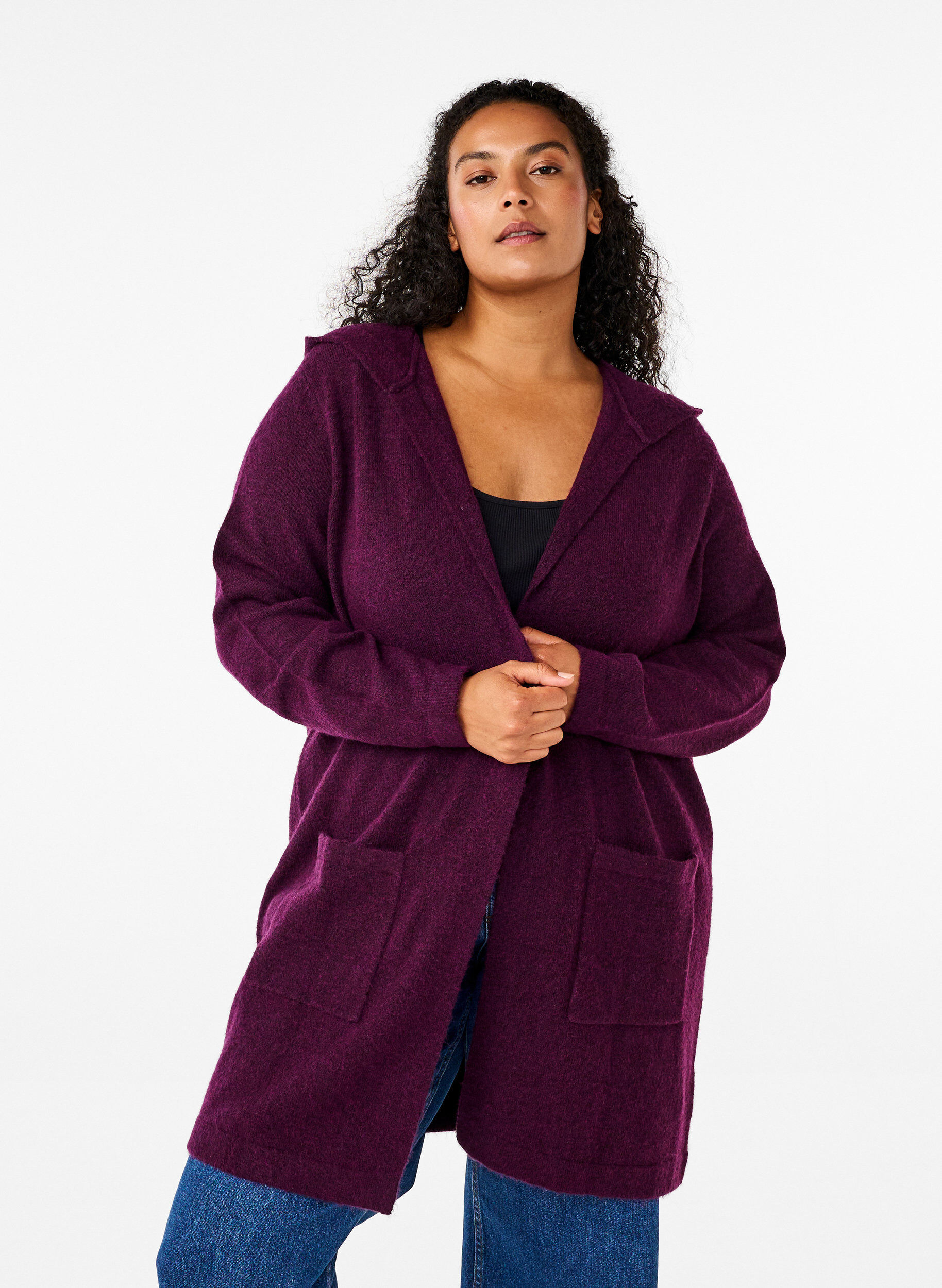 Zizzifashion Long knitted cardigan with wool and hood, Potent Purple Mel., Model image number 0
