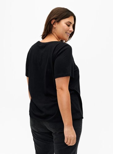 Short-sleeved cotton T-shirt with elasticated hem, Black w. Live, Model image number 1