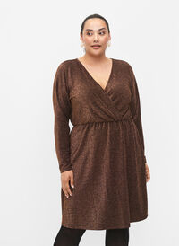 Glitter dress with wrap look and long sleeves, Black Copper, Model