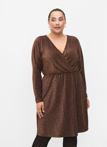 Glitter dress with wrap look and long sleeves, Black Copper, Model image number 0