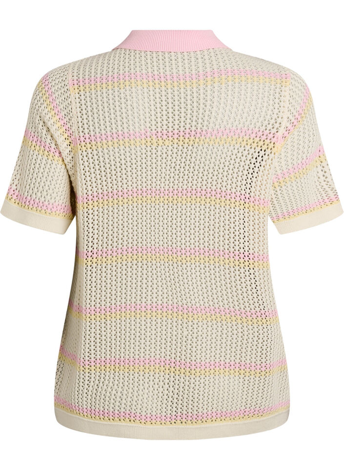 Knitted polo with eyelet embroidery and stripes, White, Packshot image number 1