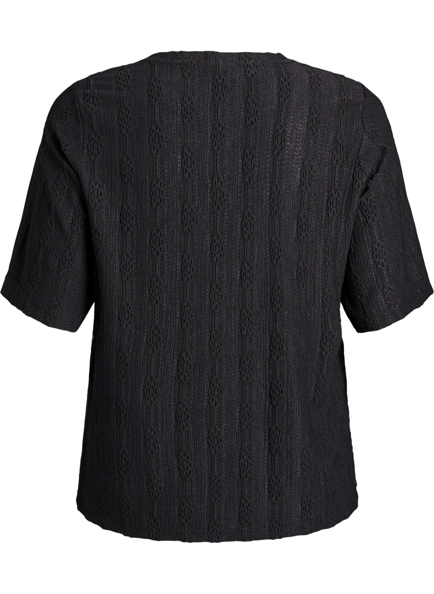 Zizzifashion Blouse with textured pattern and short sleeves, Black, Packshot image number 1