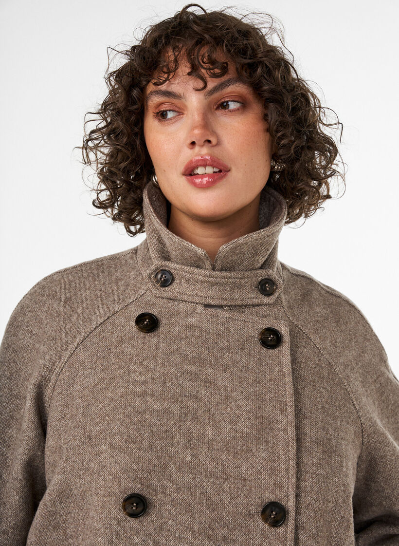 Long wool coat with a high collar and double-breasted design, Brown, Model image number 3