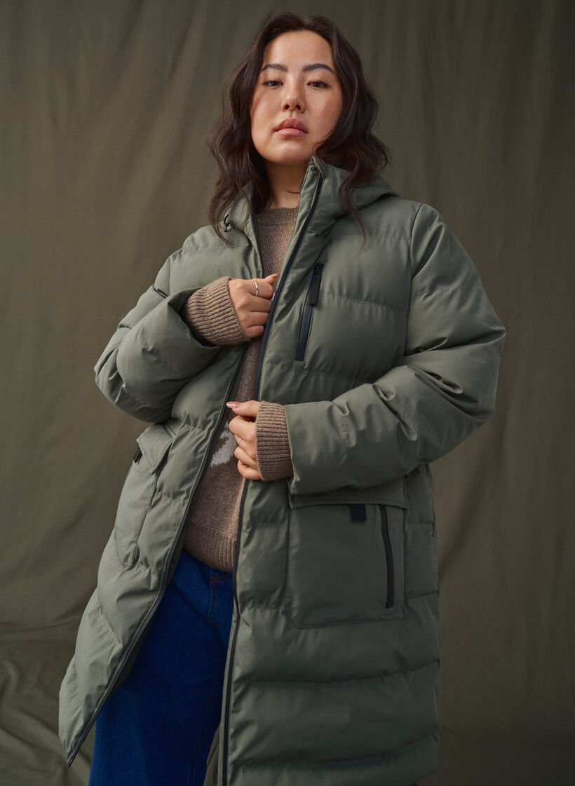 Puffer coat with hood and pockets, Green, Image image number 0