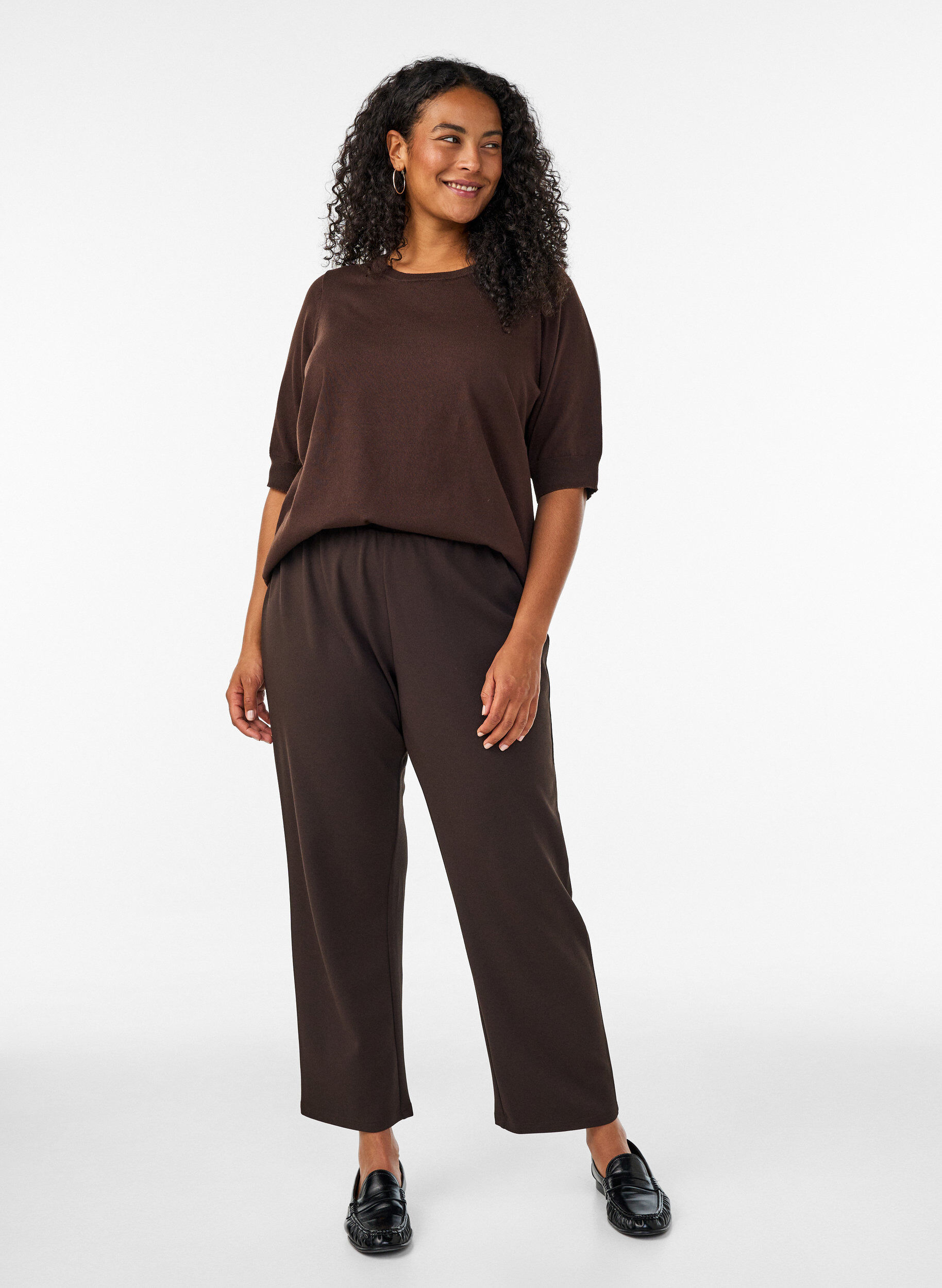 ZizzifashionFine-knit blouse with short sleeves, Brown, Model image number 0