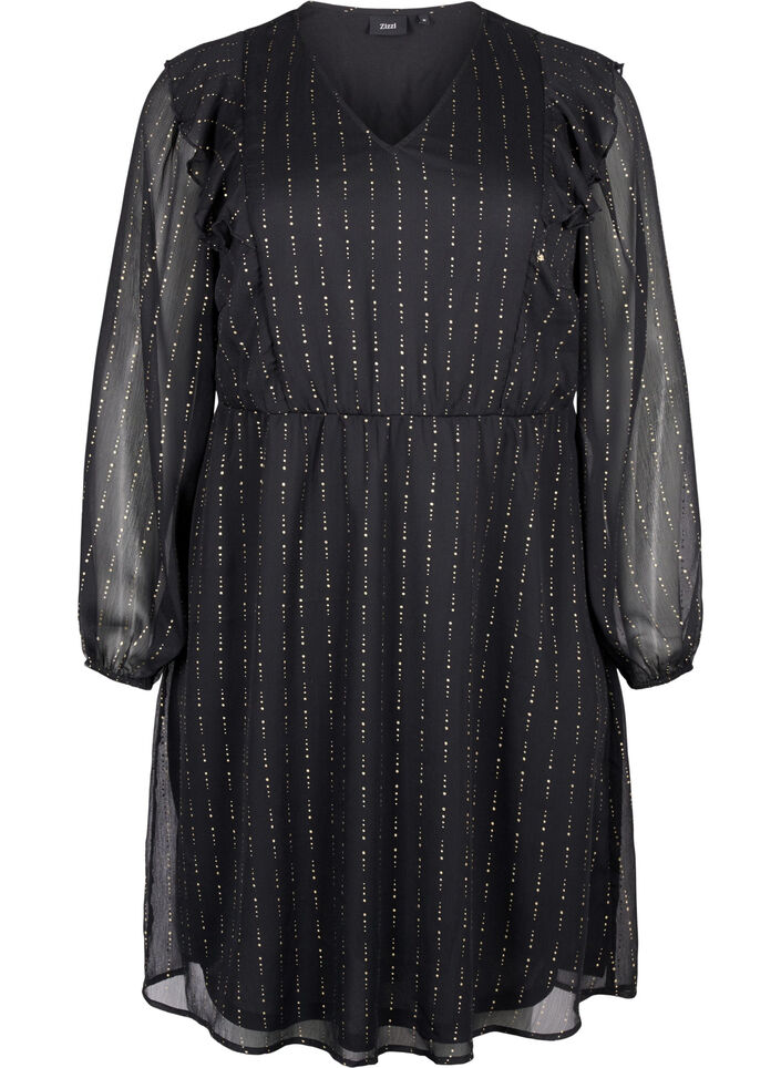 Patterned chiffon dress with ruffles, Black, Packshot image number 0