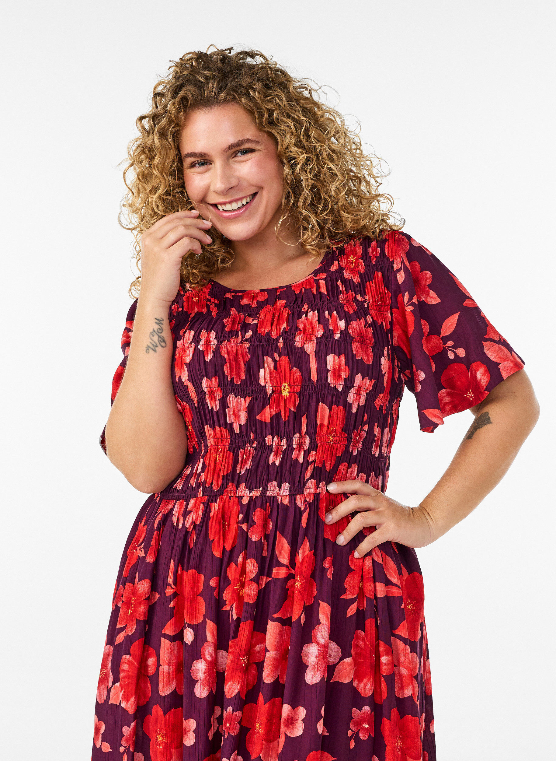 ZizzifashionDress with smocking and floral print, Purple, Model image number 2