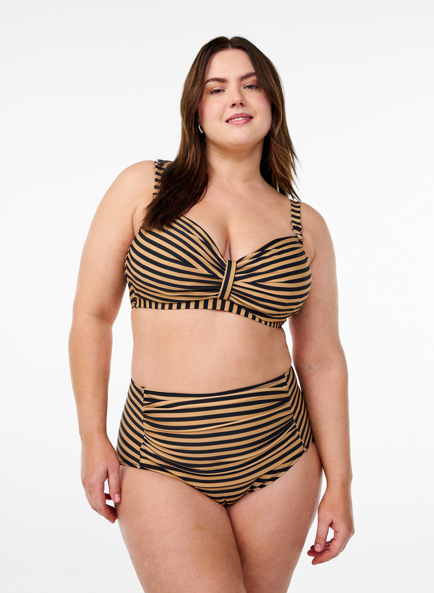 High-waisted bikini bottoms with stripes, Brown, Model