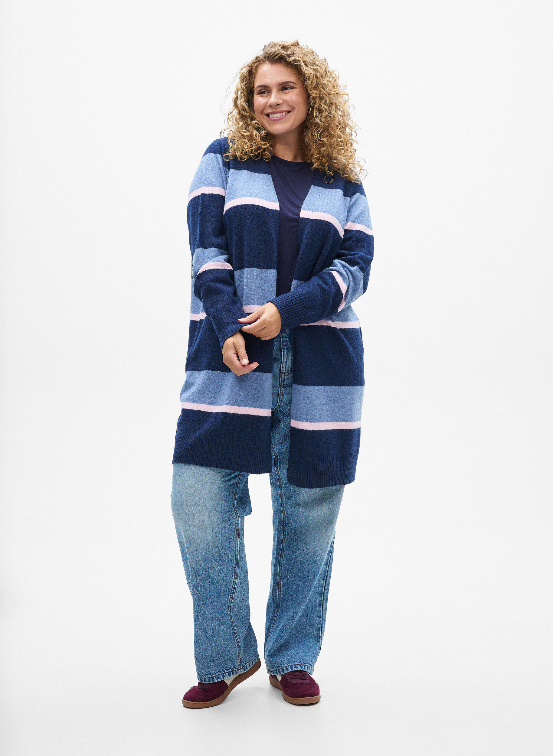 Zizzifashion Long knit cardigan with wide stripes, Blue, Model image number 1
