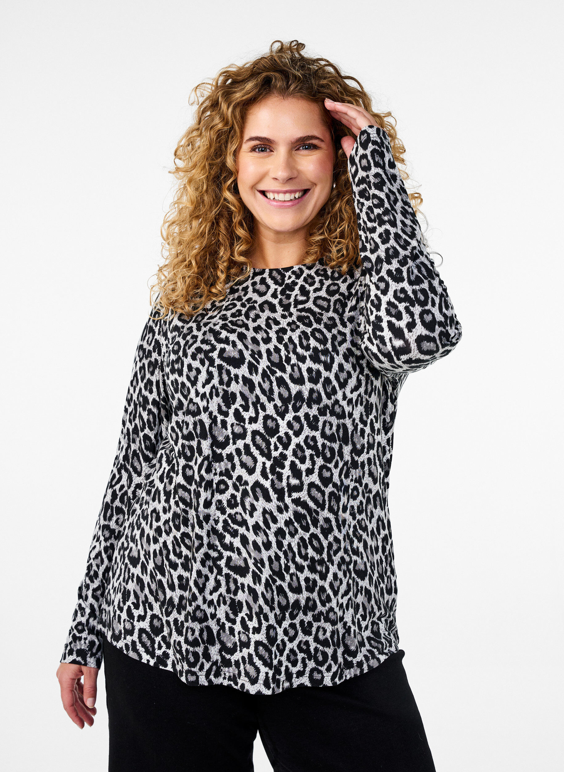 Zizzifashion Long-sleeved blouse with leopard print, Dark Grey, Model image number 0