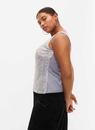 Sleeveless sequin top with v-neck, Silver, Model image number 3