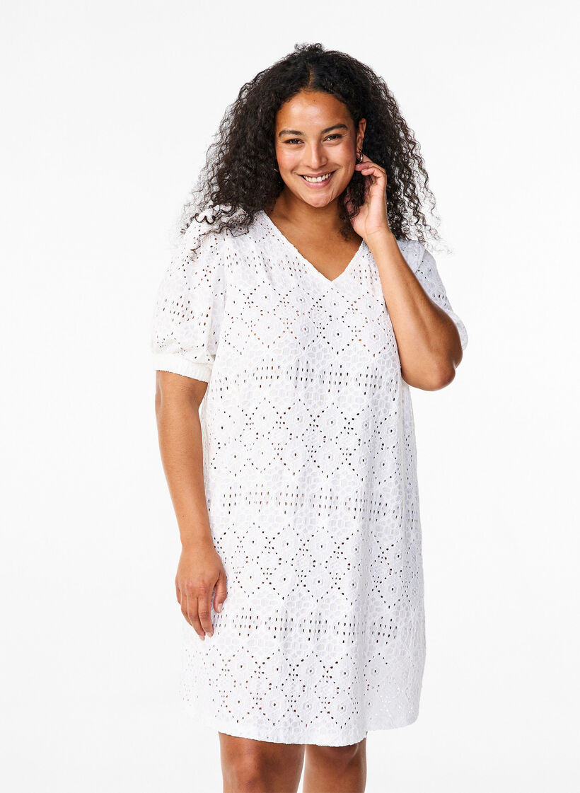 Short dress with v-neck and hole pattern, Bright White, Model image number 0